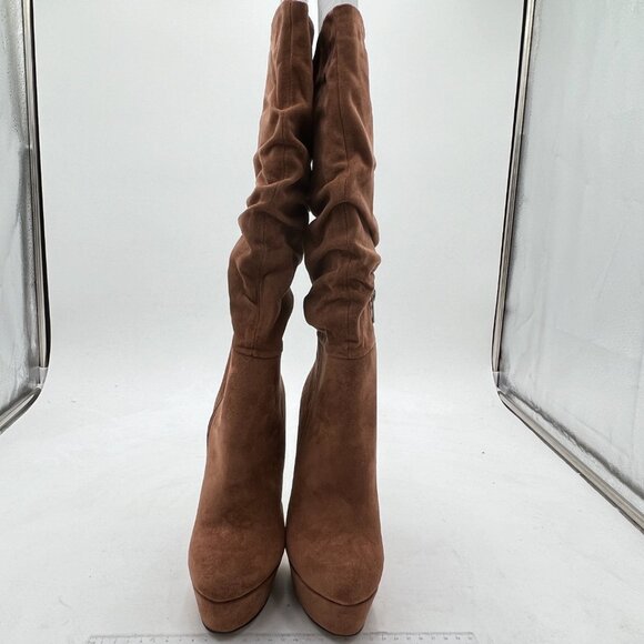 Brown Suede Platform Stiletto Heel Side Zipper Slouchy Stretchy Knee High Boots - Picture 1 of 6
